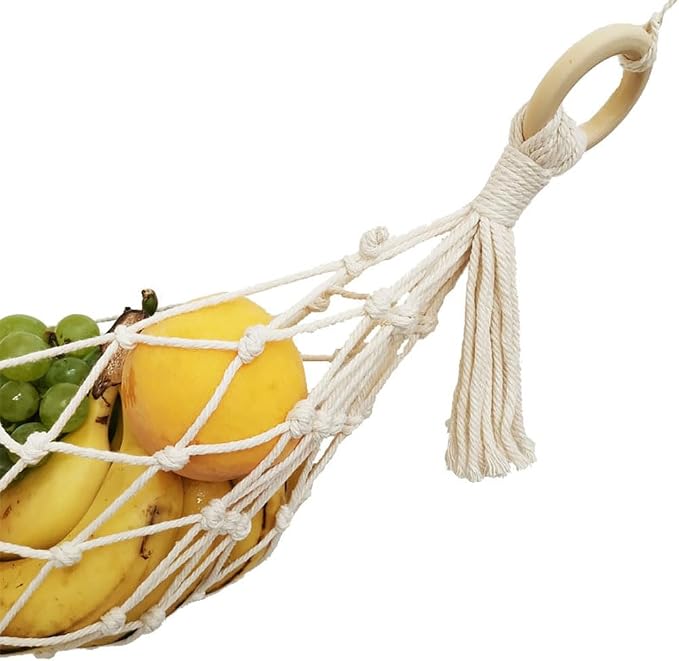 22 Inches Hanging Fruit Hammock Fruit Vegetable Hanger Basket Fruit Holder Net Banana Storage Hammock with 2 Pcs Screw Hooks for Kitchen Under Cabinet