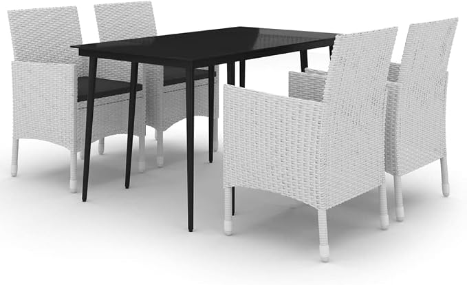 5 Piece Patio Dining Set, Outdoor PE Rattan Garden Furniture with Glass Table and 4 Cushioned Chairs, Weather-Resistant Metal Frame