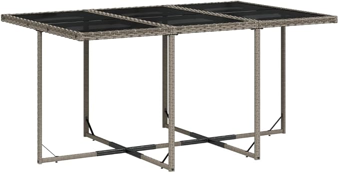 11 Piece Garden Dining Set with Cushions Grey Poly Rattan Outdoor Patio Furniture Table and 6 Chairs with Foldable Backrest, UV Resistant Tempered Glass Top, Space Saving for Backyard