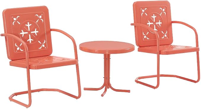 Crosley Furniture Azalea 3-Piece Vintage Outdoor Chair and Side Table Set, Retro Metal Patio Conversation Sets, Coral Gloss