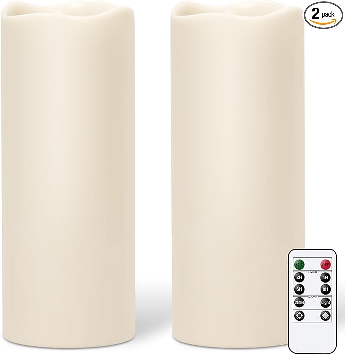 GenSwin Waterproof Outdoor Flameless Candles Battery Operated with Remote Timer, 4" x 8" Large LED Pillar Candles Flickering for Indoor Outdoor Lanterns, Long-Lasting, Waterproof (White, Set of 2)