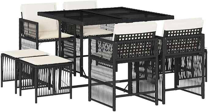 9-Piece Garden Dining Set, Black Poly Rattan Outdoor Patio Table and 8 Chairs with Cream White Cushions, Space Saving Foldable Stackable Furniture Set for Backyard Decor