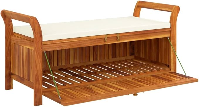 Wooden Outdoor Patio Storage Bench Large Deck Box with White Cream Cushion 49.6"x19.7"x23.6" Solid Wood Acacia Storage Box Deck Box with Seat for Garden, Balcony, Porch, Pool,Yard