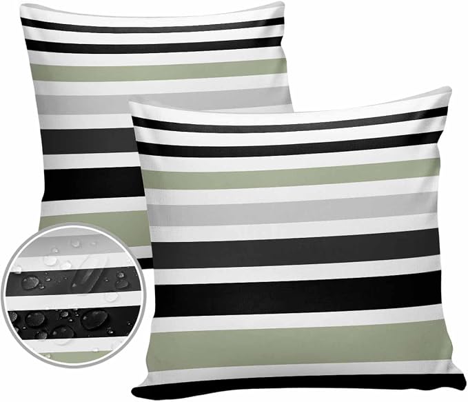 Modern Sage Green Black White Grey Stripes Outdoor Pillow Covers 20x20in Pack of 2 Waterproof Pillowcase Simple Lines Decorative Throw Cushion Case for Patio Couch Sofa