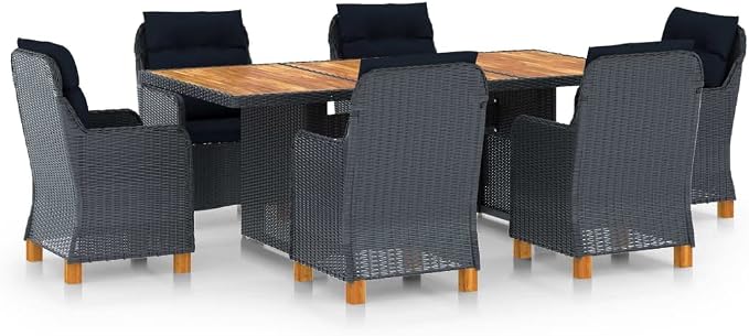 7 Piece Patio Dining Set with Cushions Poly Rattan Dark Gray Outdoor Rattan Furniture Set for Garden Backyard Dining Table with 6 Chairs