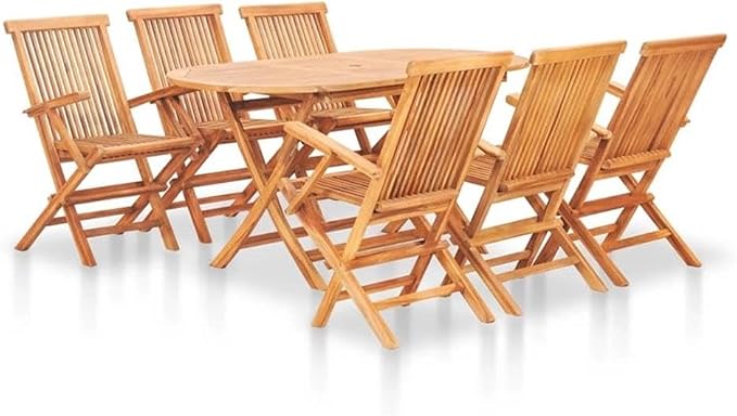Afuera Living 7-Piece Outdoor Patio Dining Set, Solid Teak Wood, Natural Finish, Foldable Design, Includes Large Table and 6 Chairs with Armrests, Traditional Style Garden or Terrace Furniture, Seats