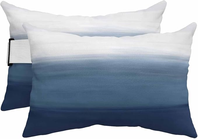 Navy Blue Ombre Outdoor Pillows for Chaise Lounge Chair Beach Headrest Pillow Set of 2 Lumbar Pillows with Insert&Adjustable Elastic Strap Modern Abstract Art Texture Neck Pillow for Pool 12"x20"