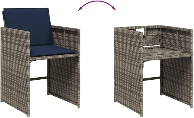 5 Piece Garden Dining Set with Cushions Grey Poly Rattan Outdoor Patio Furniture Table and 4 Folding Chairs with Removable Washable Cushion Covers UV Resistant Tempered Glass Top for Backyard
