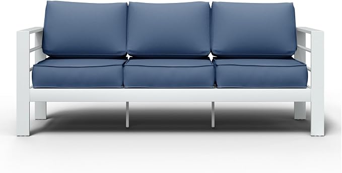 Aluminum Patio Set, 3-Seat Outdoor Furniture Set with 5 Inch Cushions, Patio Furniture Sets with Waterproof Covers for Backyard Garden(White&Blue)
