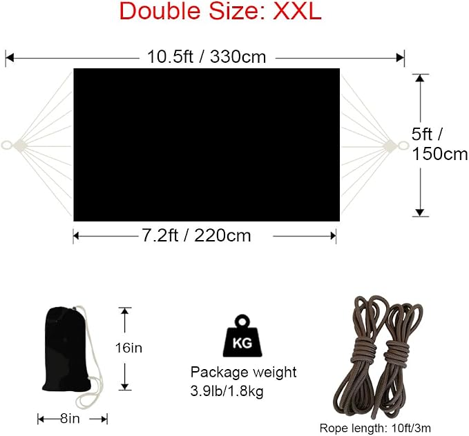 GOCAN Double Hammock 2 Person Extra Large 330X150cm Load Capacity 600Pound Canvas Cotton Hammock for Patio Porch Garden Backyard Lounging Outdoor and Indoor XXL(Black)