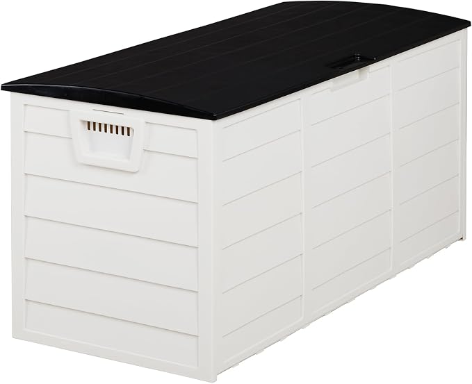 75 Gallon Outdoor Deck Box, Lockable Patio Outdoor Storage Box with Wheels, Waterproof Deck Storage Boxs for Furniture, Garden Tools Poolside and Tools Storage, Black&White