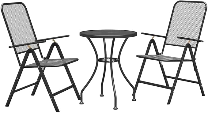 3 Piece Patio Dining Set Expanded Metal Mesh | E-Coating Finish, 7-Position Adjustable Backrest, Folding Chairs for Outdoor Garden