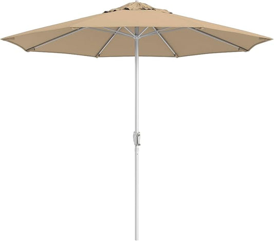 California Umbrella 10-Year Protection 9 Ft Outdoor Patio Umbrella, Pacifica Fade-Resistant Fabric, Auto-Tilt, Heavy Duty Aluminum Frame, 8 Reinforced Ribs for Pool or Deck, White Pole, Beige