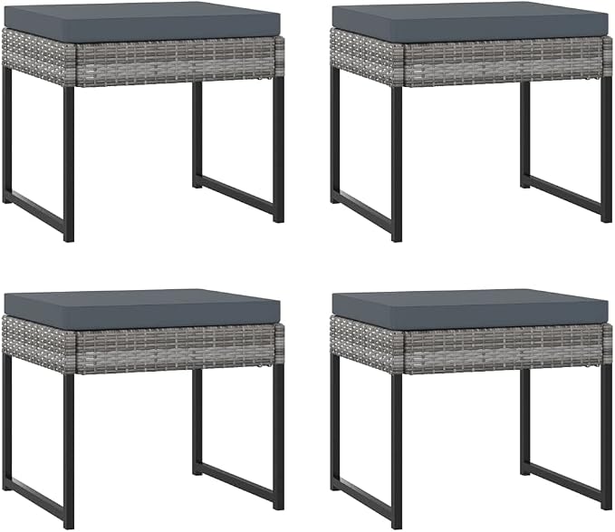 9-Piece Patio Dining Set, 8-Person Gray PE Rattan Outdoor Sectional Furniture with Tempered Glass Table, 4 Chairs, 4 Stools, and Anthracite Thick Cushions for Backyard, Garden and Porch