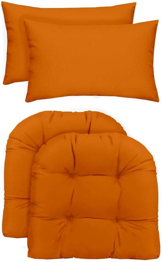 RSH DECOR: Tufted U-Shapes & Lumbars 2 of Each | 19” x 19” & 20" x 12" | Water-Resistant Spun Fabric | Outdoor Wicker Cushions & Support Pillows for Patio Furniture | Orange