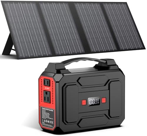 Apowking Solar Powered Generator 200W Peak/100W Rated, Portable Power Station with Solar Panels 60W Included, 146Wh Solar Power Bank with AC Outlet 110V for Home Use Camping Outdoor Adventure