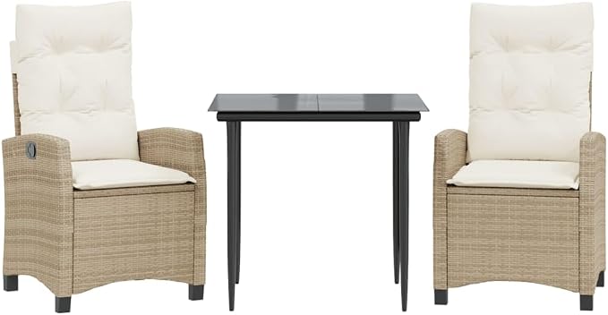 3 Piece Garden Dining Set with Adjustable Reclining Chairs and Washable Cushion Covers for Patio Balcony Outdoor Relaxation