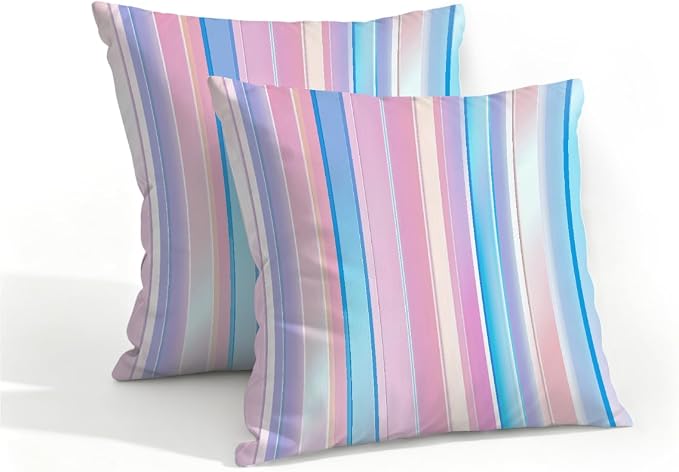 16x16 Inch Outdoor Pillow Covers Set of 2 Waterproof Throw Pillow Covers Decorative Couch Cushion Covers Pink Blue Stripes Square Pillowcases Protectors for Patio Garden Sofa