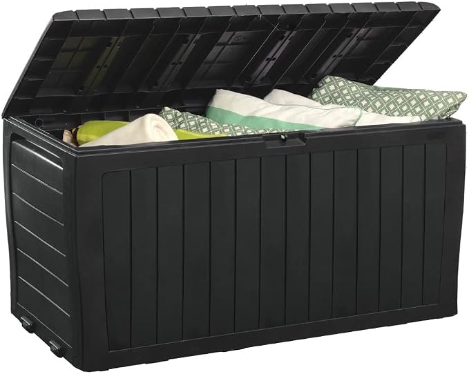 Suncast 50-Gallon Outdoor Resin Patio Deck Storage Box with Seat, Peppercorn & Keter Marvel Plus 71 Gallon Resin Deck Box-Organization and Storage for Patio Furniture Outdoor Cushions, Throw Pillows