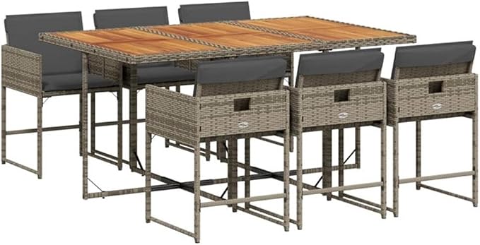 Afuera Living 7-Piece Rattan Garden Dining Set, Gray/Brown Finish, Acacia Wood and UV-Resistant PE Rattan, Includes Cushioned Chairs, Rectangular Table for Outdoor Patio or Garden Dining