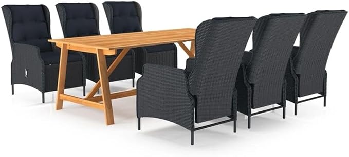 Afuera Living 7-Piece Solid Acacia Wood Patio Dining Set, Dark Gray/Black Finish, Weather-Resistant with Adjustable Height Cushions, Modern Outdoor Furniture for Garden, Terrace, or Balcony Seating