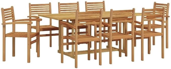 Afuera Living Contemporary Solid Teak Wood Garden Dining Set, Brown Finish, Weather-Resistant, Durable 8-Seater Patio Furniture with Spacious Table and Chairs, Modern Style for Outdoor Dining or