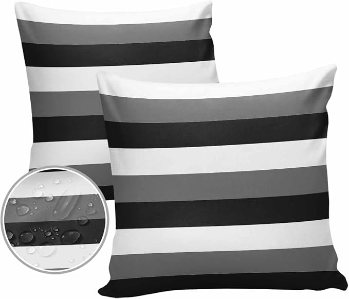 Pack of 2 Modern Stripes Outdoor Pillow Waterproof Covers 18x18 inch, Black Gray White Polyester Throw Pillow Covers Garden Cushion Decorative Case for Patio Couch Decoration