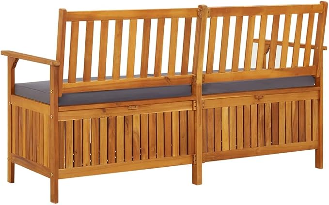Patio Storage Bench with Gray Cushion, Outdoor Wooden Deck Box, Solid Wood Patio Furniture for Outdoor Cushions, Pool Storage and Garden Tools, 58.3"x24.4"x33.1", -332
