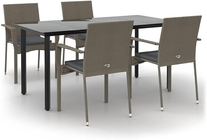 5 Piece Patio Dining Set with Cushions Black and Gray Poly Rattan Outdoor Table and Chairs for Garden Deck Backyard Lawn Porch Tempered Glass Top