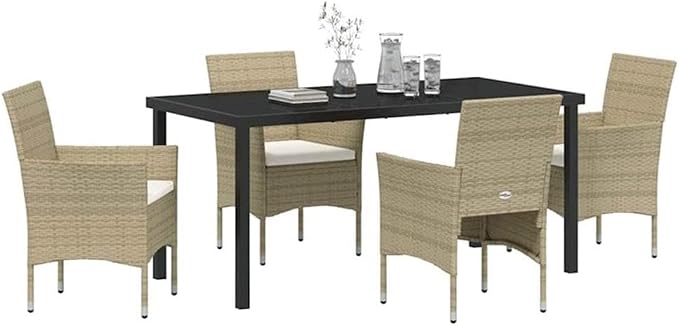 Afuera Living 5 Piece Patio Dining Set, Poly Rattan and Powder-Coated Steel Frame, Beige Weather-Resistant Cushions, Tempered Glass Tabletop, Modern Garden Furniture for Outdoor, Backyard, or Deck Use