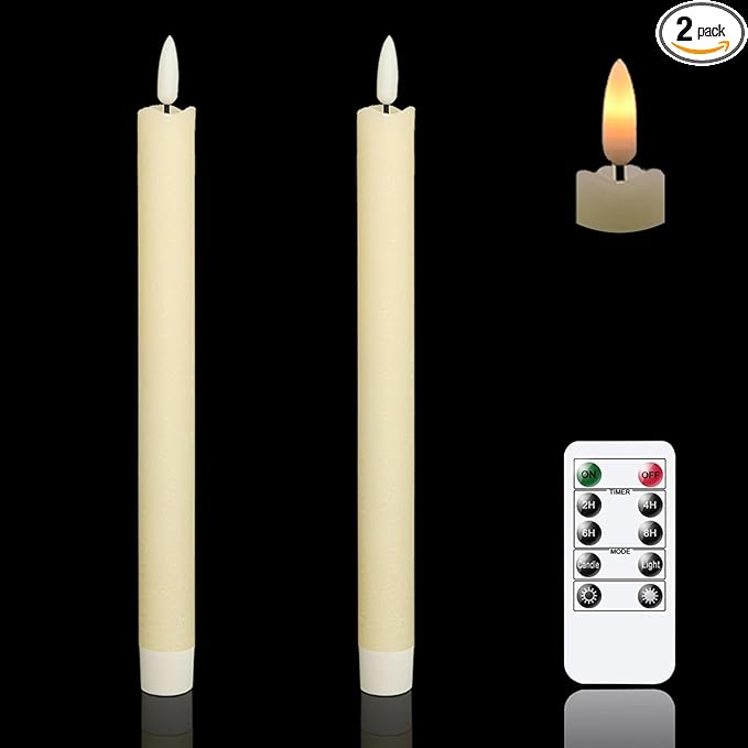 GenSwin LED Taper Candles Flickering with Remote Timer, Battery Operated Taper Flameless Candles with 3D Wick Real Wax Window Candlesticks Pack of 2 for Home Wedding Decor(Ivory, 0.78 x 9.64 Inch)