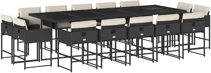 15 Piece Outdoor Patio Dining Set with Cushions Black Poly Rattan for Garden Backyard Relaxation Folding Chairs Tempered Glass Table UV-Proof