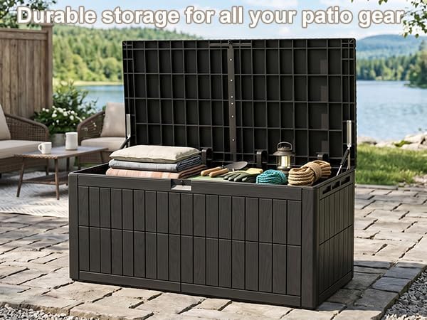 100 Gallon Outdoor Storage Box, Water proof Resins Deck Box with Lockable Lid, U V Resistants for Patio Furniture Garden Tools Pool Supplies 160x77x68cm / 63.0x30.3x26.8in