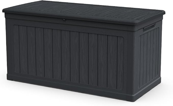 Large Outdoor Storage Deck Box for Patio Furniture, Cushions, Garden Tools and Sports Equipment, Weather-Resistant Resin with Locking Lid (Black + Plastic)