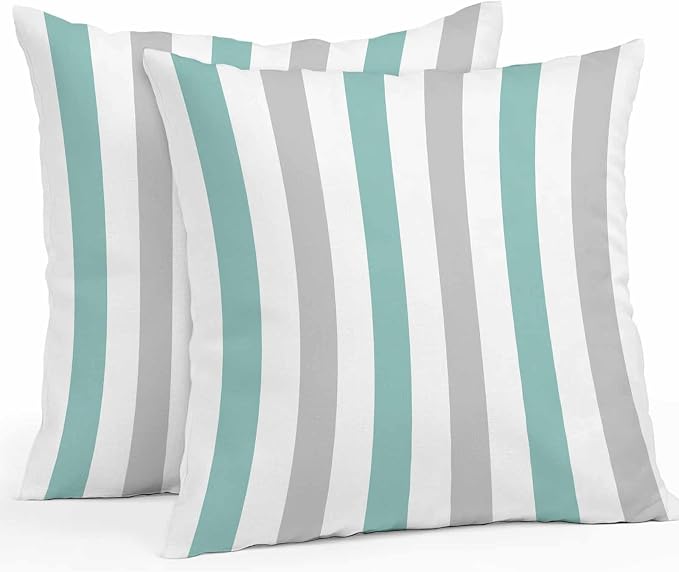 Turquoise Gray Striped Waterproof Outdoor Pillow Covers Set of 2 Home Decor, Farmhouse Stripe Art Pillowcase Patio Pillow Covers for Couch Bench Furniture Garden 16x16in