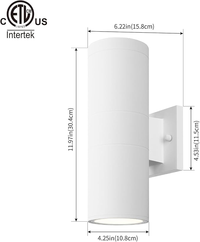 mirrea 12" Modern Outdoor Porch Light in 2 Lights, 2 Pack, Matte White | Aluminum cylinder exterior fixtures, tempered glass cover, waterproof wall sconce & patio light for outdoor use.
