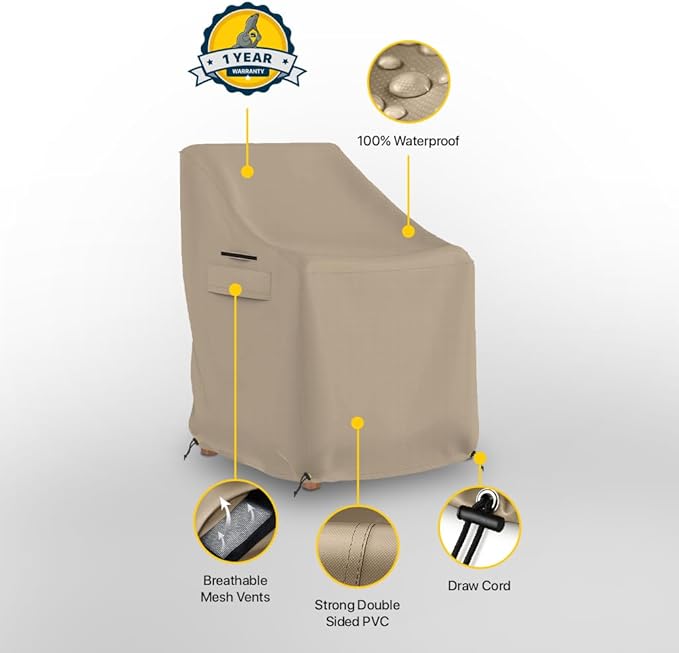 Seal Skin Covers Patio Chair Cover for Outdoor Furniture, Waterproof Heavy Duty Fabric, Large Lawn Chair Cover with Drawstring, Push Clips, Air Vent (Beige, 38" W x 31" D x 29"H x 13"FH)