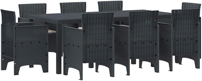 Afuera Living Contemporary Poly Rattan Garden Dining Set, Anthracite Finish, Rectangular Shape, Foam Cushions, Durable Weather-Resistant Design, Seating for 8, Modern Patio Furniture for Outdoor