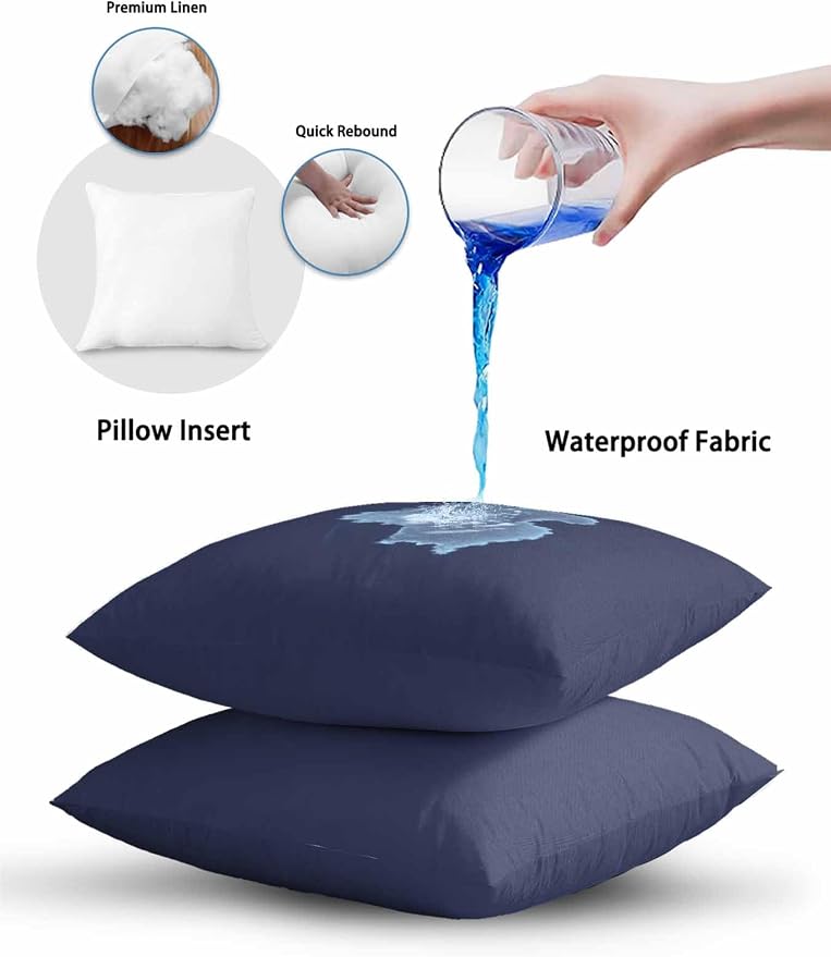 Vandarllin Waterproof Outdoor Pillow Set of 2 Solid Blue Color Decorative Throw Pillows Cover & Insert 18x18 Inch Pillowcase Dark Blue Square Pillows for Couch Sofa Bed Patio Furniture Indoor Outdoor