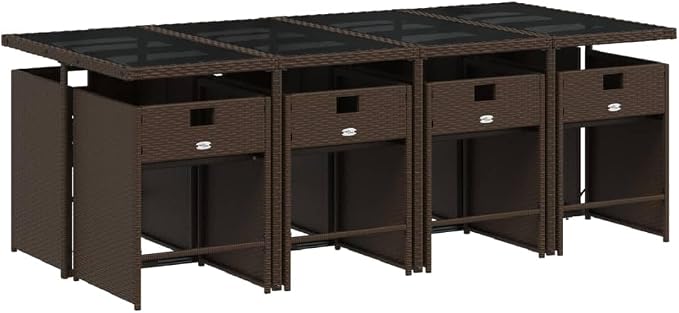 9-Piece Patio Dining Set with Cushions Brown Poly Rattan Outdoor Furniture Set for Backyard Balcony Porch Includes Tempered Glass Table & Foldable Chairs
