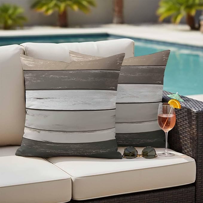 Outdoor Waterproof Pillow Covers Gray White Stripes Pack of 2 Lumbar Pillow Cover Wood Background Decorative Cushion Pillowcases for Patio Couch Bench Garden 20 x 20 Inches
