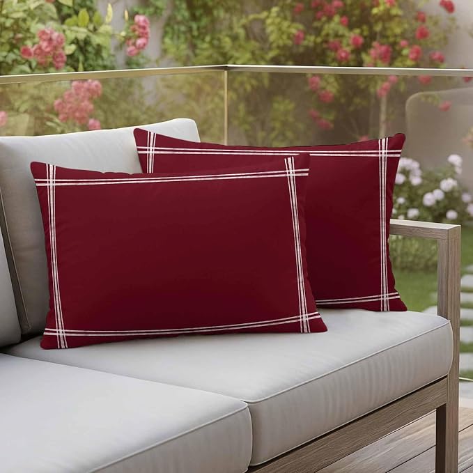 Outdoor Pillow Covers,Wine Red Dark Maroon Decorative Throw Pillow Cover Waterproof Pillowcase Set of 2,Linen Cushion Case for Sofa Couch Bed 20x12 Inch,Burgundy Red