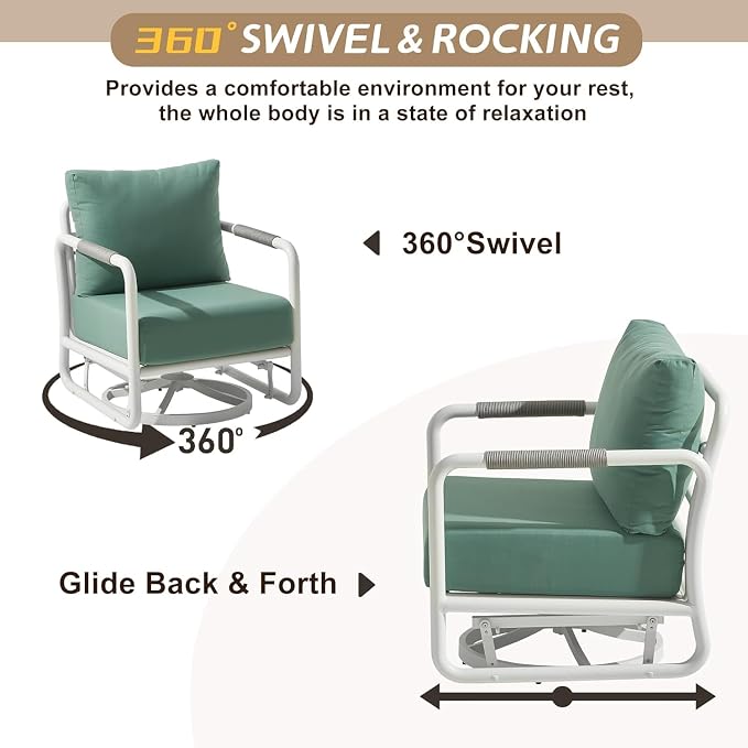 5-Piece Aluminum Outdoor Swivel Rocker Set with Ottomans, 6.5" Thick Cushions & 380LBS Capacity, Side Table Included for Porch, Backyard