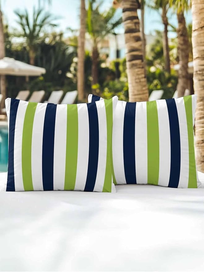 Outdoor Pillows Waterproof, Green Navy Blue Striped Bedding Throw Pillows with Insert for Couch Sofa Bed, Farmhouse Stripe Art 18x18 Inch Pillowcases Decorative Camping Patio Pillow Set of 2