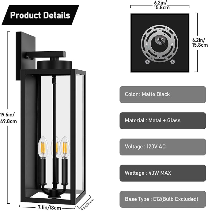 BesLowe 20’’ Large Outdoor Wall Lights, Modern Black Exterior Wall Lanterns | Waterproof Metal Construction, Rust-resistant, Quick & Easy Installation, Clear Glass Shades & E12 Socket