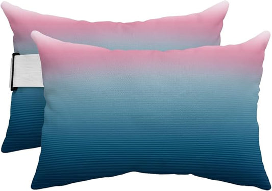 Outdoor Pillows Covers with Inserts Pink Blue Ombre Stripe Line Gradient Waterproof Recliner Pillow with Adjustable Strap Throw Pillows for Patio Furniture Pool Lounge Chair, 11x16 Inch, 2PCS