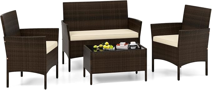 4 Piece Patio Furniture Set, Sectional Conversation Sofa Set with Glass Coffee Table, Cushions & Loveseat, Wicker Outdoor Table and Chairs for Pool, Garden, Deck, Backyard (1, Beige)