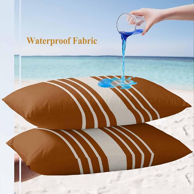 Lumbar Pillow Covers 20x12 Inch Set of 2, Burnt Orange Beige Striped Waterproof Outdoor Cushion Covers, Modern Farmhouse Retro Lines Decorative Pillowcases for Couch, Sofa, Bed, Garden, Patio