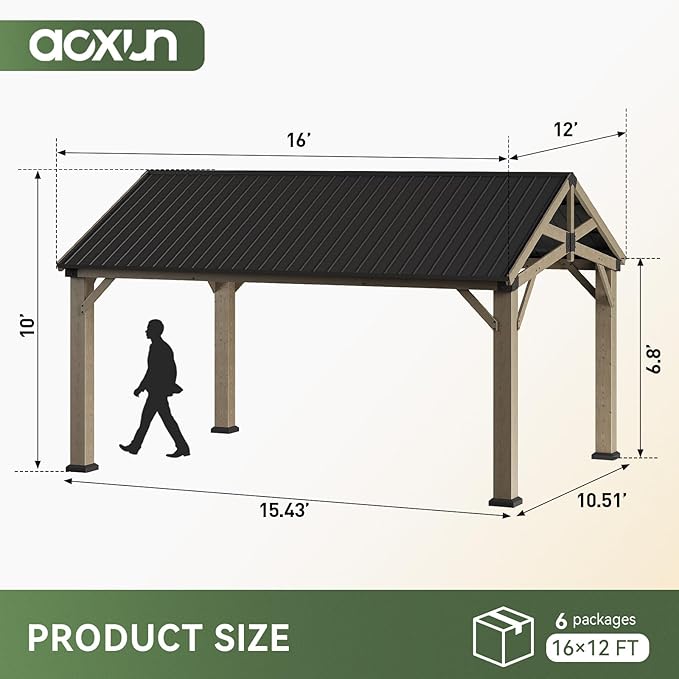 Aoxun 12' x 16' Outdoor Wood Gazebo, Permanent Cedar Wooden Pavilion with Galvanized Steel Hardtop Gable Roof, Heavy Duty Patio Gazebo for Garden, Backyard, Deck, Lawn and Outdoor Living Space