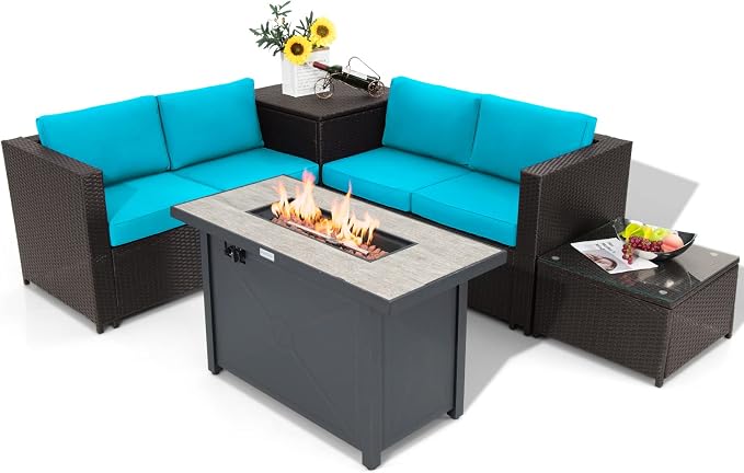 COSTWAY 5 Piece Patio Furniture Set with 42'' Fire Pit Table, Outdoor Wicker Rattan Loveseat Sofa with 4'' Thickened Cushions, 2 Side Tables, Sectional Conversation Set for Backyard (Turquoise)